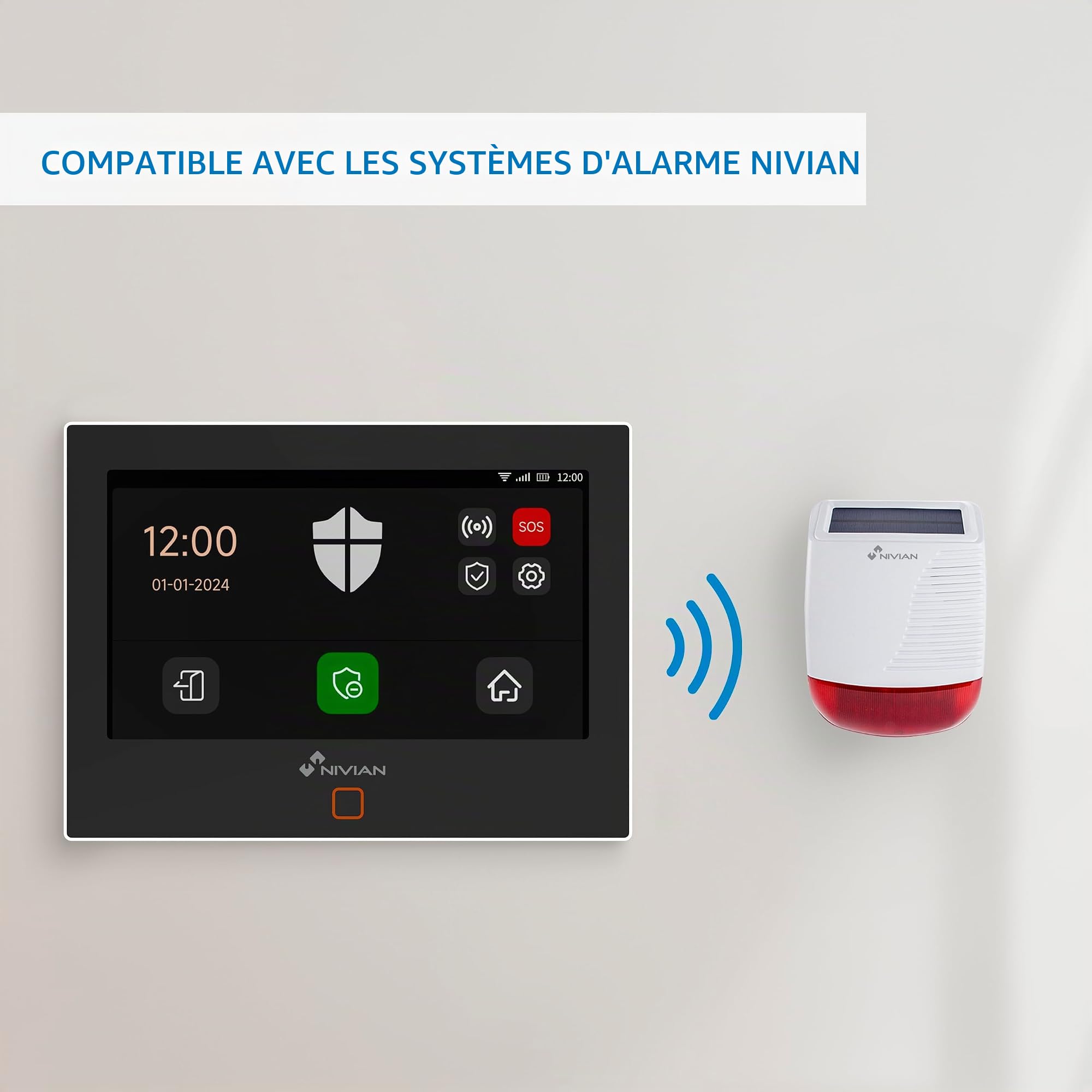 Nivian NVS-SOLARSIREN – Sirène Extérieure sans Fil Solaire 120 DB avec Flash LED Stroboscopique, Compatible Alarmes Nivian 433 MHz, IP65, Batterie Rechargeable, Portée 80 m, Anti-Sabotage