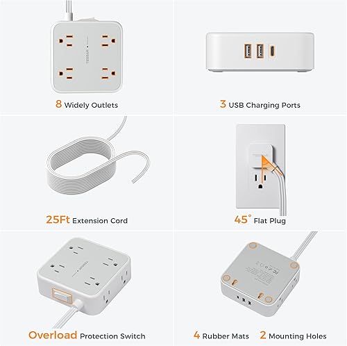 Miniatura 6 de Tessan Enchufe múltiple para sobretensión, 900 J, cable plano, 25 ft, 8 tomacorrientes, 3 puertos USB (1 USB C), estación de carga de escritorio