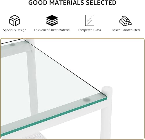 Miniatura 7 de Juego de mesa auxiliar y mesa auxiliar de 3 piezas, marco de metal blanco, mesas auxiliares superiores de vidrio, estante superior cuadrado, mesas