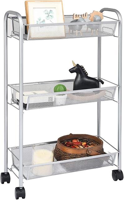 COSTWAY 3/5 Tiers Rolling Trolley Cart, Metal Utility Shelves with Mesh Baskets and Wheels, Multi-Purpose Storage Organizer Cart for Kitchen Bathroom Office (Grey, 44 x 18 x 70cm)