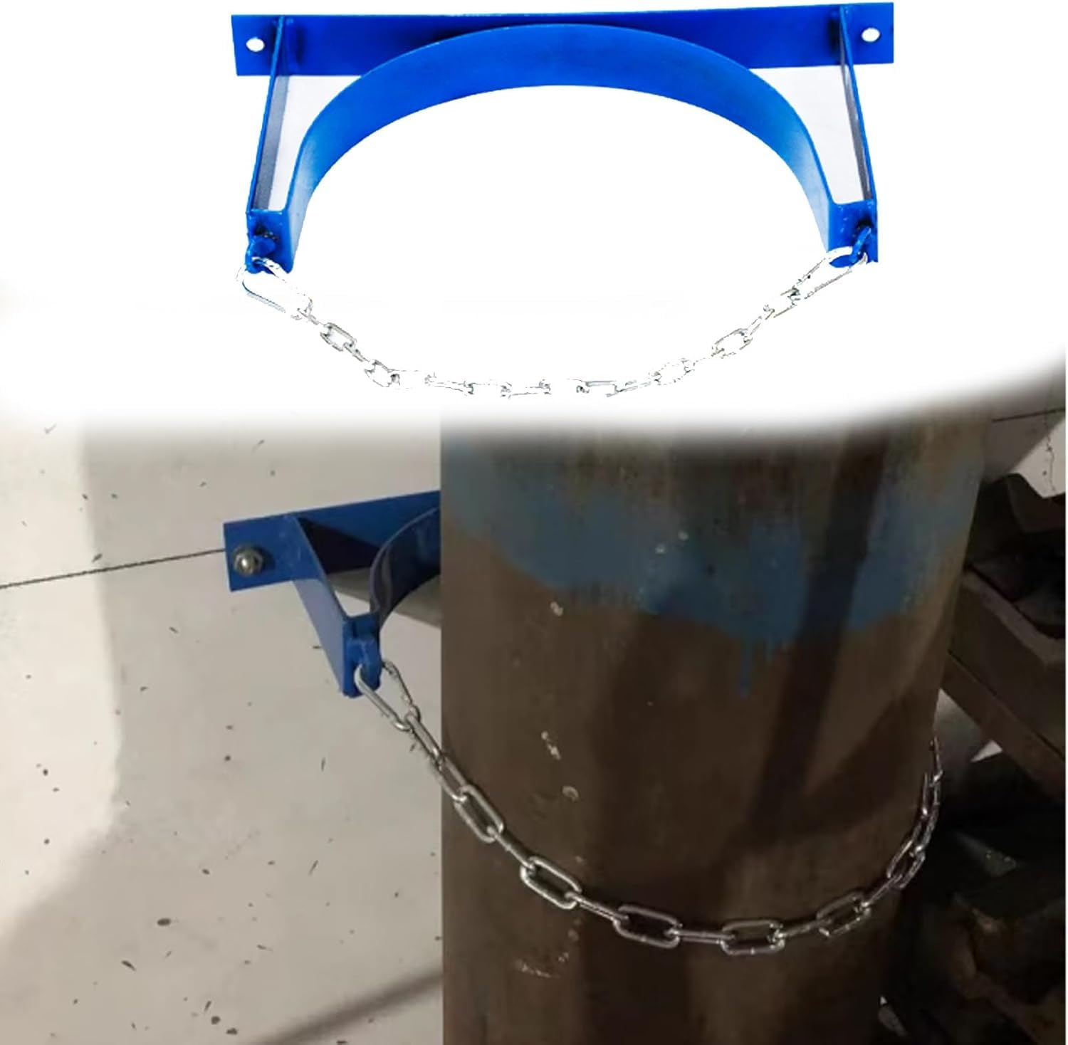 Carro de tanque de oxígeno con cadena protectora, soporte cilíndrico montado en la pared, estante organizador de cilindro de gas, acero resistente, color azul, capacidad para 1 botella, 13.8 x 7.9