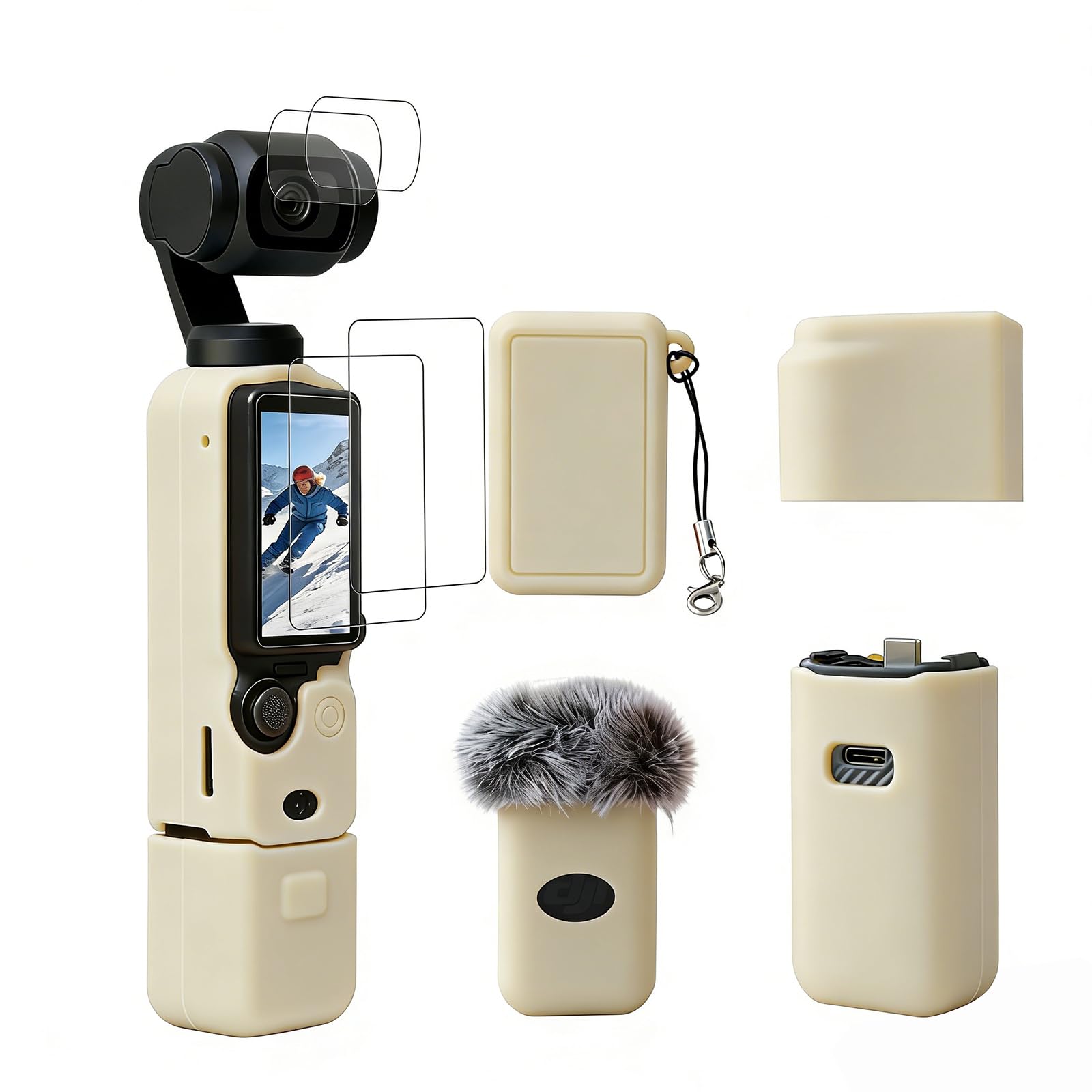 Case for DJI Osmo Pocket 3/Xtra Muse Camera, Soft Silicone Protective Case, Slim Fit Skin with mic Cover and Screen Protector Accessories for Osmo Pocket 3/Xtra Muse,Anti-Scratch (Beige)-image-37