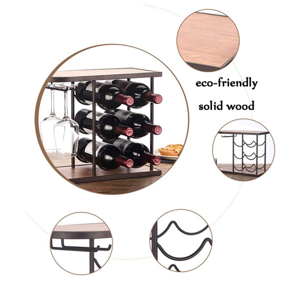 Estante de metal para 6 botellas y 2 vasos, soporte para vino de mesa con organizador de almacenamiento para exhibición de encimera