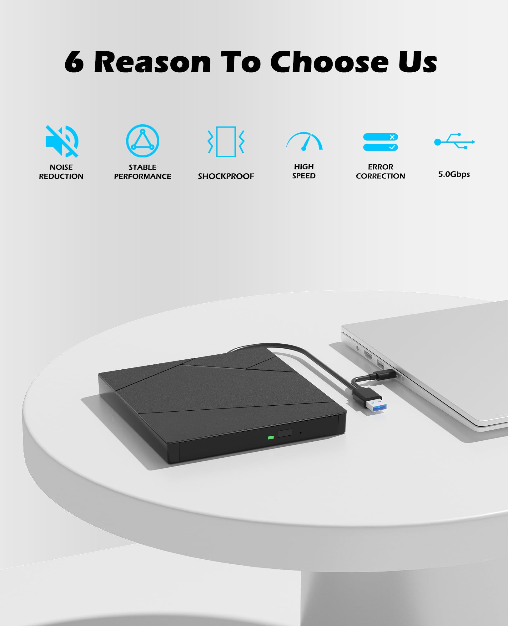 Wbacon Unidad Blu ray externa con cable de datos de extensión USB 3.0 tipo C | Unidad de DVD Blueray externa para PC, grabadora externa Bluray compatible con Windows/MacOS/Linux Laptop Desktop