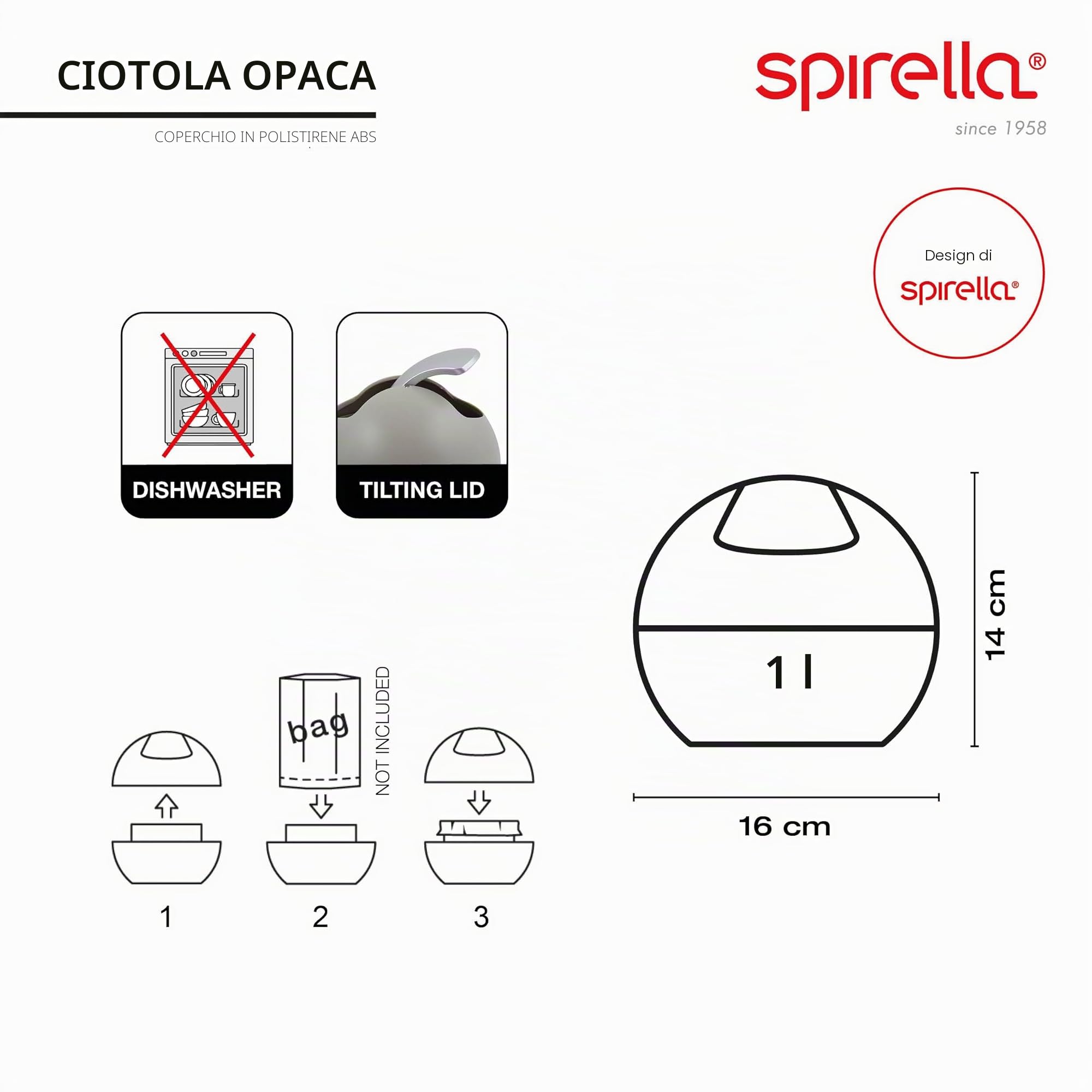 Spirella Cestino da Bagno, Contenitore per Cosmetici, 1 litro, Finitura Lucida o Opaca, con Coperchio Basculante, Cestino da Tavolo, Bianco Opaco