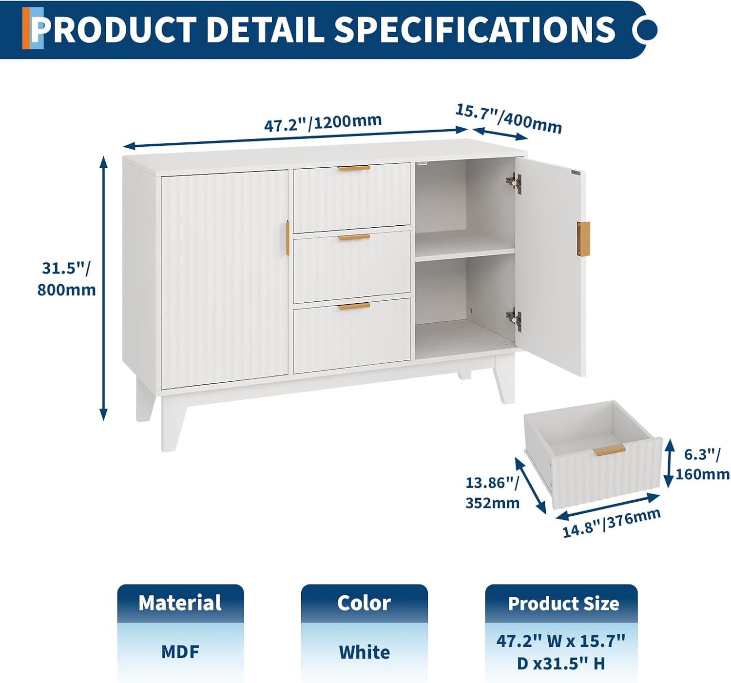 Garvee 47.2 in Fluted Buffet Cabinets with Storage, Sideboard Storage Cabinet with 3 Drawers and 2 Doors, Modern Mid Century TV Stand Coffee Bar Furniture for Living Room, Kitchen, Entryway- White