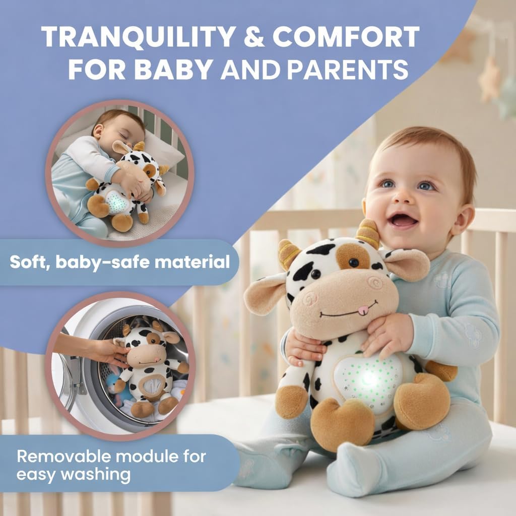Baby Sound Machine Plush Cow with Cry Detector & Star Projector – USB Rechargeable White Noise Machine Baby with 15 Melodies & Timer – Lullaby Sound Machine & Baby Sleep Soother for Newborns
