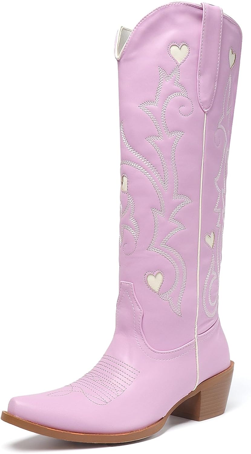 Women's Knee High Cowboy Boots with Hearts Pattern Embriodery Cowgirl Boots