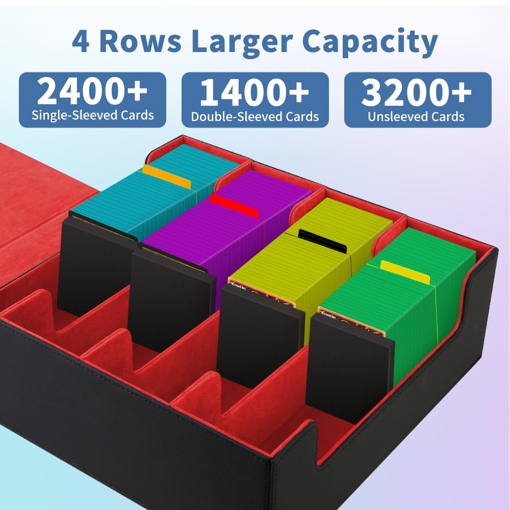 Trading Card Storage Box 4Rows, Holder 3200+ Cards, Deck Case Organizer for MTG, Sports Card, Pokemon TCG, YUGIOH with 24 Dividers & 4 Foam Stoppers, Collector Bulk Boxes, Collection Albums Cases