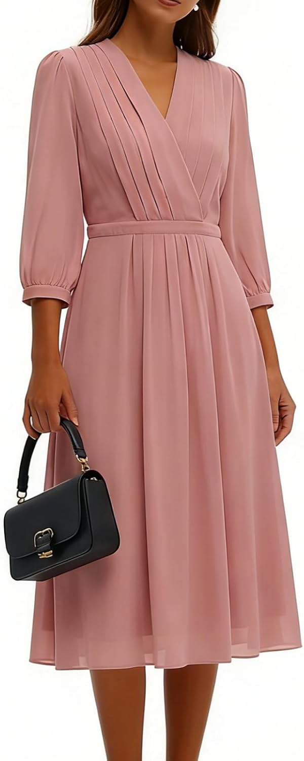 GOELIA Women's Summer Dress 3/4 Sleeve Casual Boho V-Neck Pleated Lace Up Wrap Flowy Midi Dress Wedding Guest Dresses