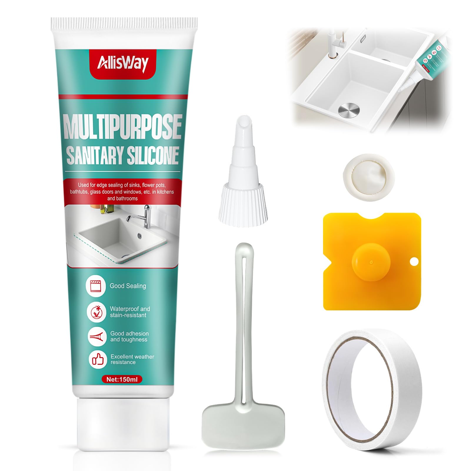 150ml Silicone Trasparente Sigillante, Silicone Bagno,Sigillante Impermeabile, Adatto per Lavelli da Cucina, Bagni, WC e Bordi Piscina, Trasparente
