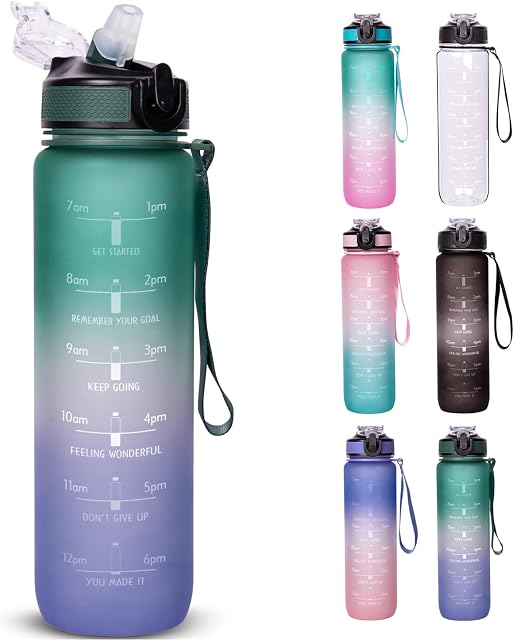 Seekua 1L Water Bottle with Straw & Time Marker, 1000ML Motivational Drinking Bottle with BPA-free, Leak-proof and Reusable, Large Sports Bottle for Outdoor Sports
