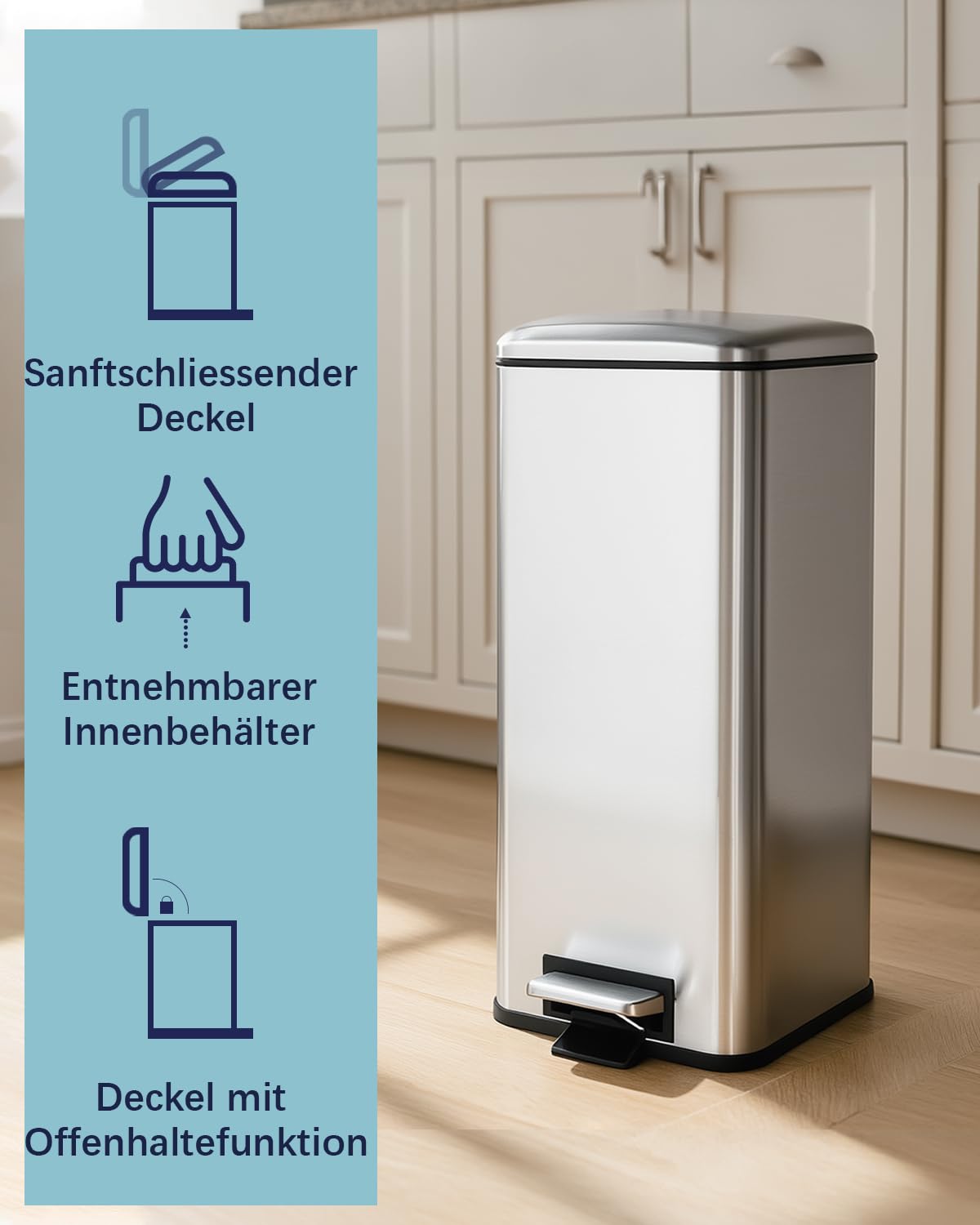 Mülleimer Küche, Schmaler Abfalleimer mit Deckel, Tretmülleimer | 30 Liter, Edelstahl Küchenmülleime mit Inneneimer, Küchenmülleimer mit Softclose-Deckel, Treteimer für Küche,Bad und Büro