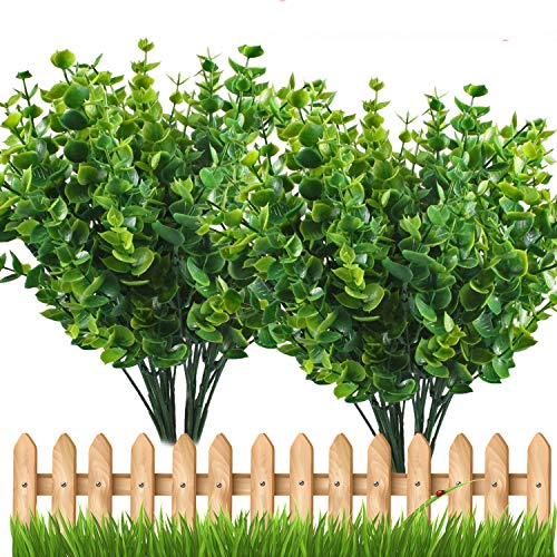 E-Hand Artificial Plant Outdoor UV Resistant Eucalyptus Leave Shrubs Plastic Fake Bushes Window Box Greenery for Home Indoor Garden Light Green Verandah Office Wedding Decor Wholesale - 4 PCS