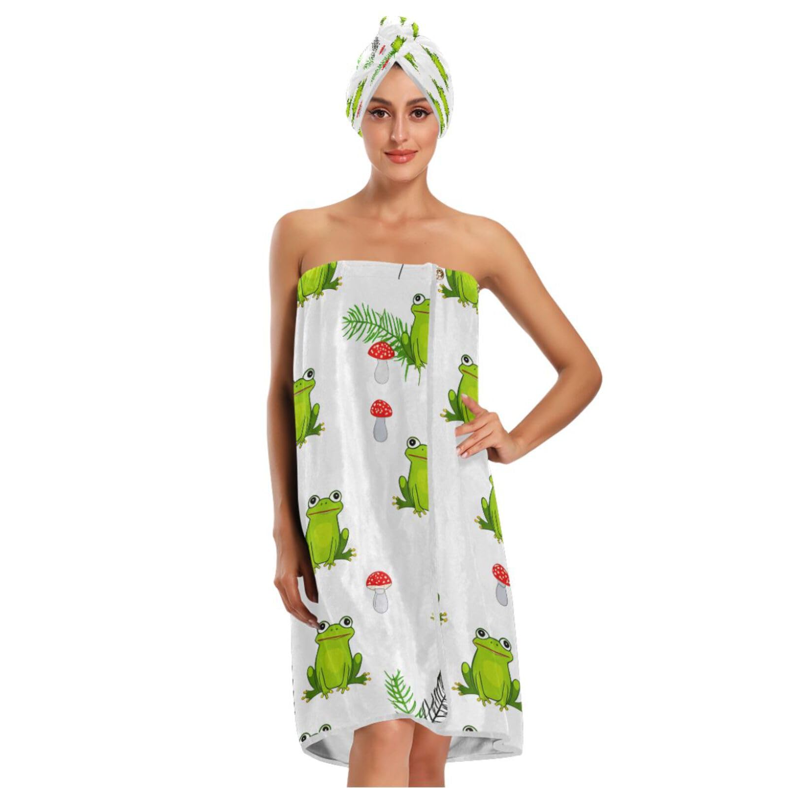 Bulletgxll Playful Frogs Women's Shower Wrap Towel Set of 3 Adjustable Spa Body Wrap Super Absorbent Bathrobe with Hair Towel & Headband