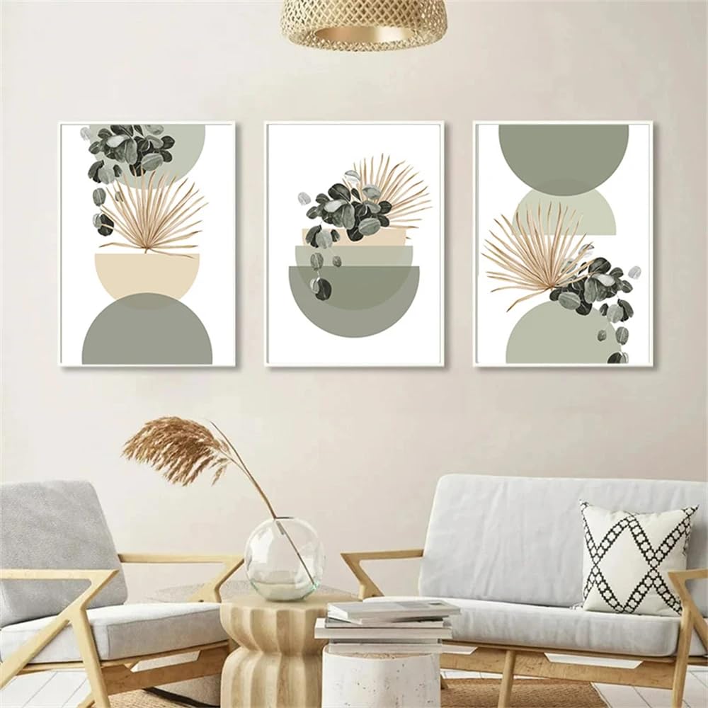 CLJKDX Abstract Green Geometry Bohemian Canvas Art Poster Mid Century Plant Leaf Print Painting Wall Pictures Modern Living Room Decor-40 * 60cm*3PCS (No Frame)