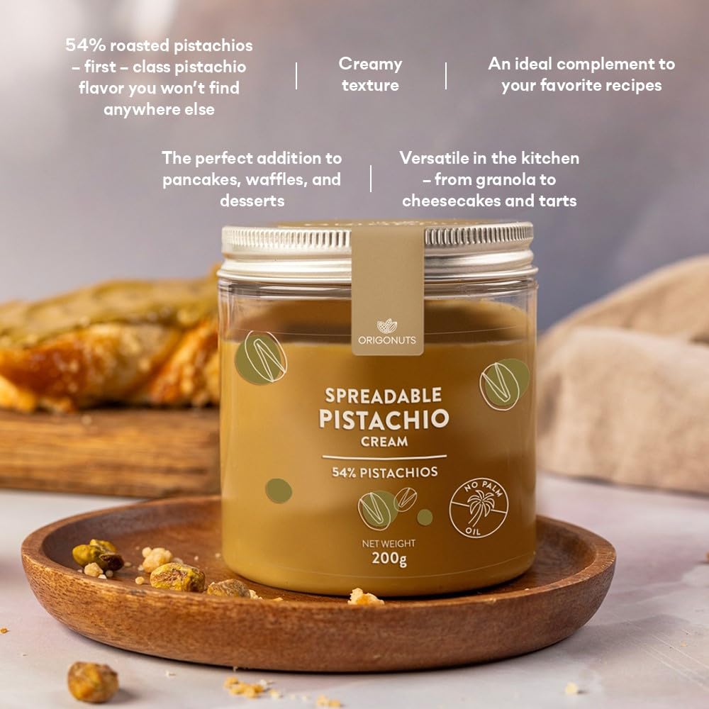 ORIGONUTS, Pate de Pistache 54% Pistaches, Creme Pistache - Base pour Gâteau, Creme, Dessertes, Glace, Patisserie, Chocolat Dubai - Sans Colorants, Sans Huile de Palme - 200 g