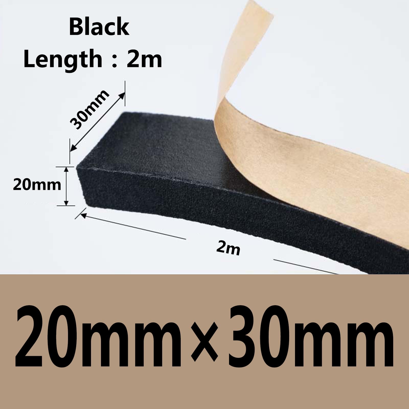 Cinta de espuma autoadhesiva para burletes, Cinta de sellado autoadhesiva espuma EPDM 2 m 20 mm x (20-50) for impermeabilización y reducción ruido(20mmx20mm)