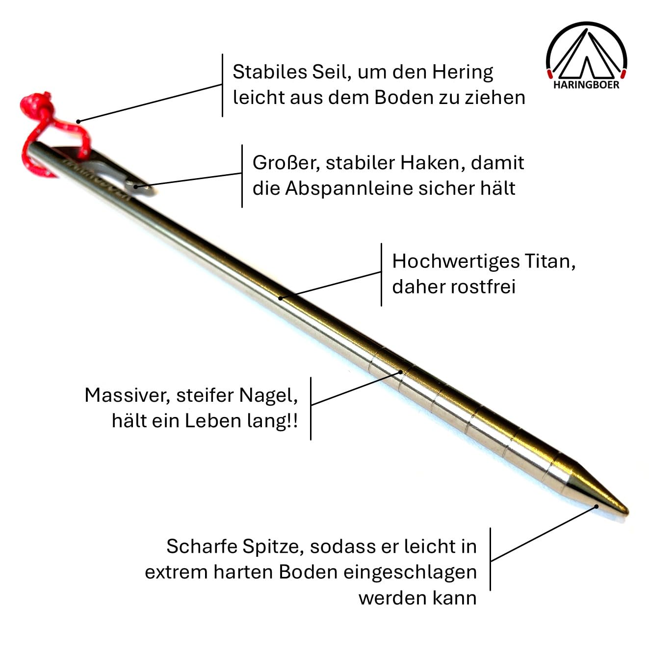 Titan Bodenanker 20cm - 8 Stück Zeltheringe - Starke, leichte Titanium Zelt Heringe - 38 Gramm pro Erdanker für Harte steinige Böden - Erdnagel inklusive Zugband & Heringsbeutel
