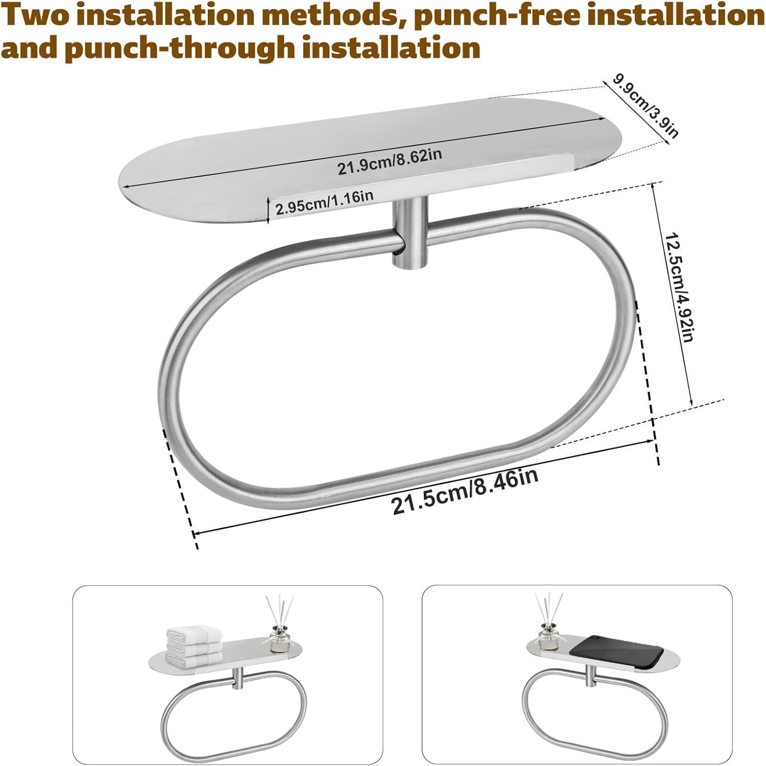 Hand Towel Holder with Shelf, Oval Durable 304 Stainless Steel Adhesive Bathroom Towel Holder Hanger Wall Mounted Rings Practical Kitchen Bathroom Accessories(Silver)