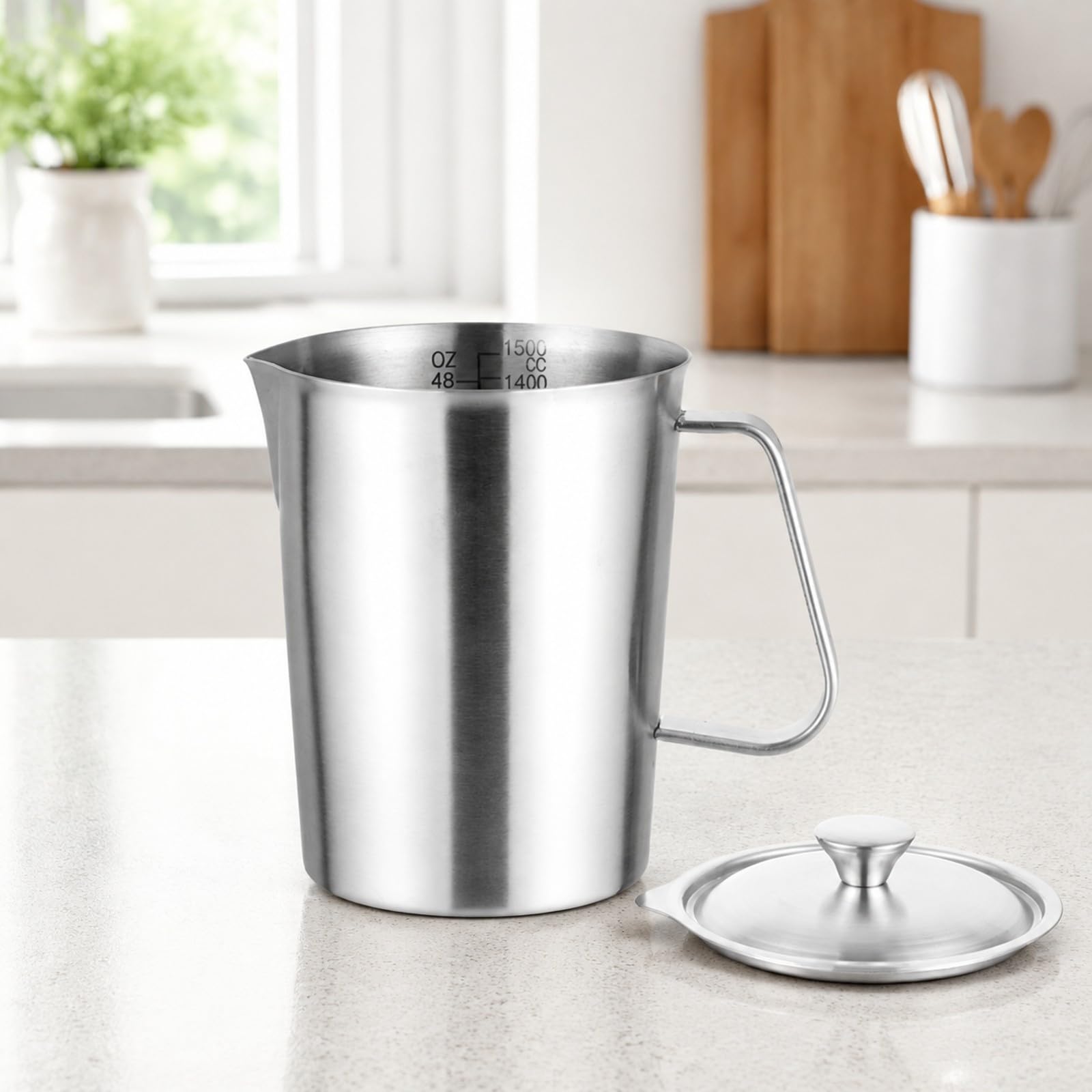 Medidora Acero Inoxidable Preciso Medidora con Tapa Práctico Vaso Medidor con Asa para Pasleros, Cocineros Caseros, 2000ML