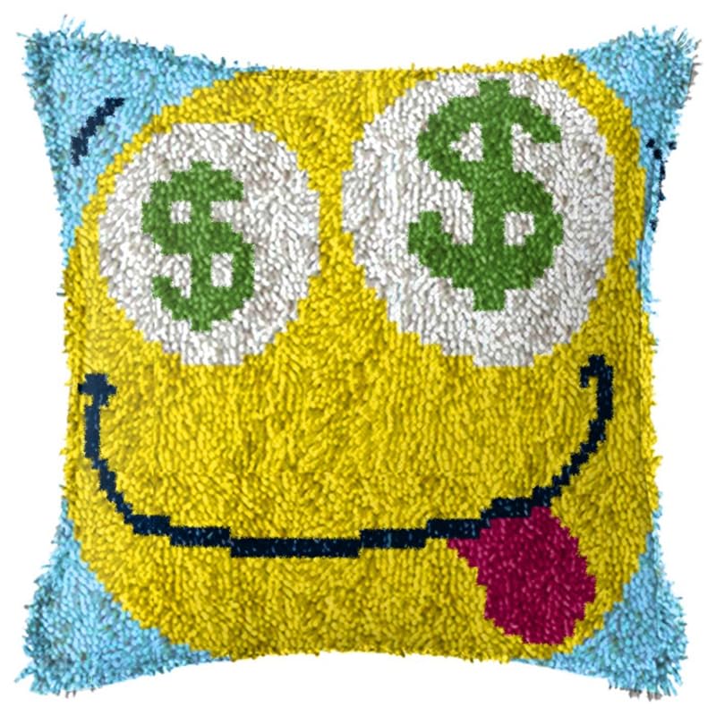 YEESAM ART Latch Hook Cushion Kits for Adults & Beginners, Smiley Face Pre-Printed Latch Hooking Pillow Kit, DIY Embroidery Set Pillowcase for Home Sofa Decor Idea