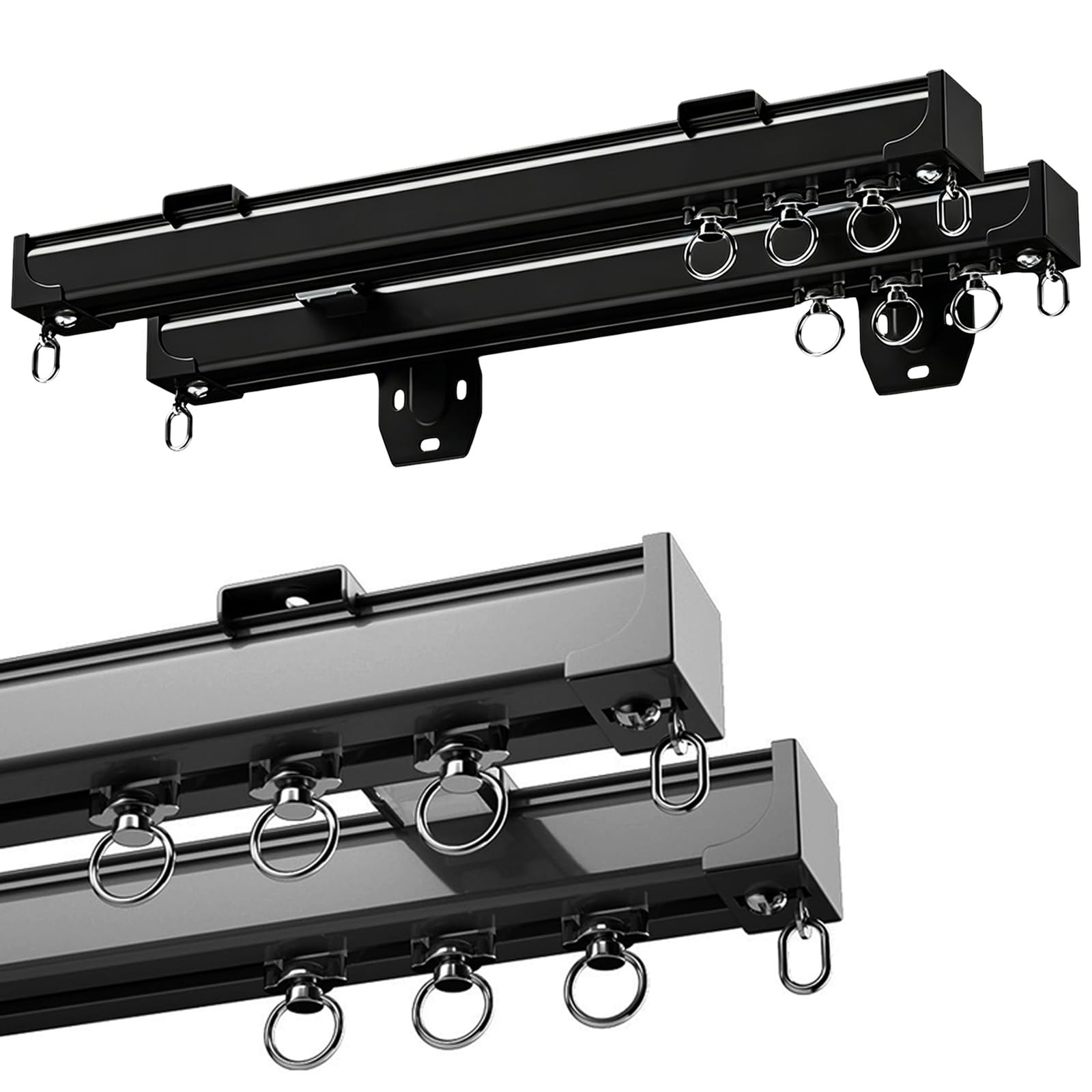 Aluminum Double Curtain Track for Windows, Wall/Ceiling Mounted Track System, Silent Sliding Curtain Rails Set for Drapes Living Room Bedroom Room Divider(Black,280cm(9.2ft))