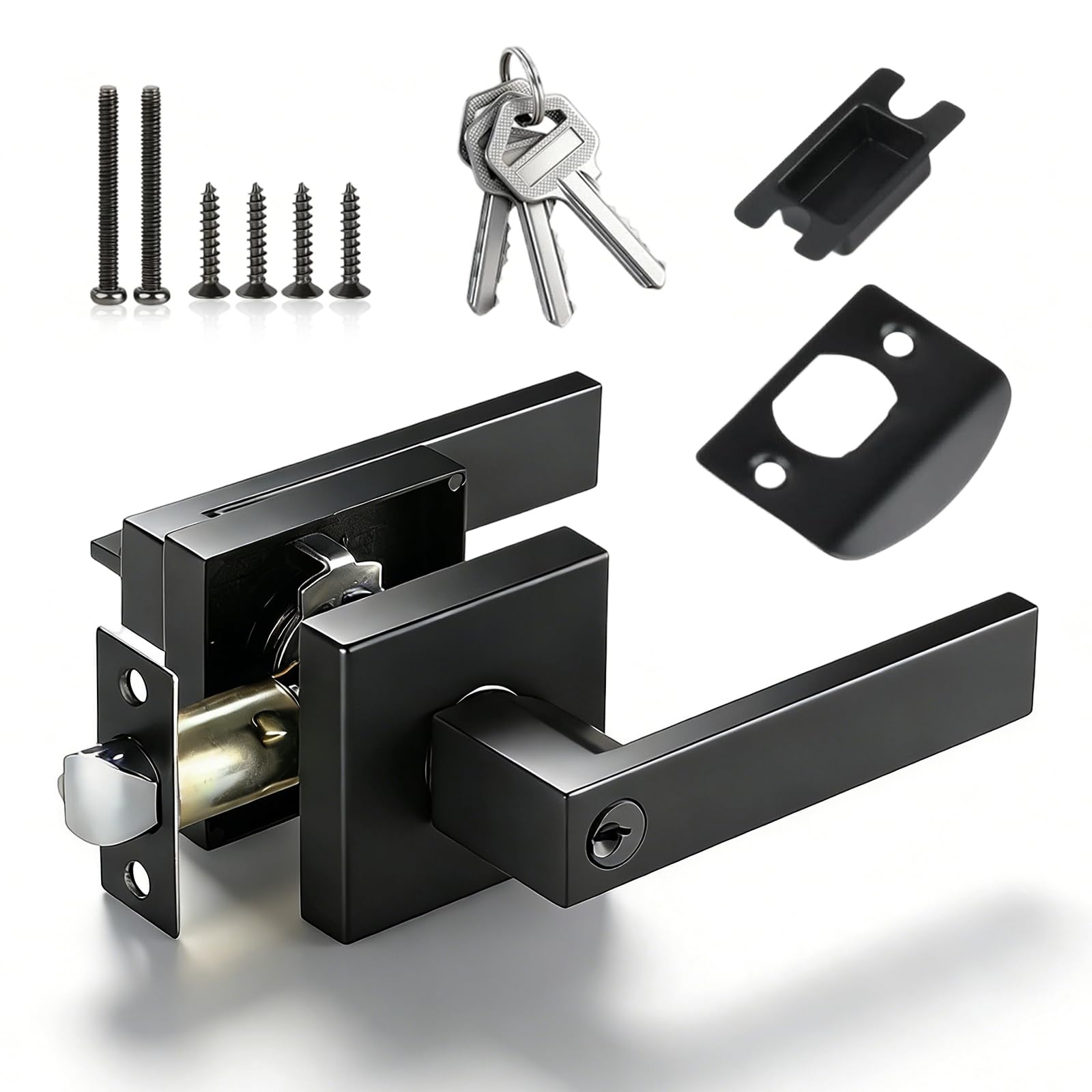 Bjhyiz Black Door Lever Handle Lock, 35-50Mm Door Handles With Lock And Key Square Entry Doors Handle Privacy Locks For Bedroom Bathroom Office Right Left