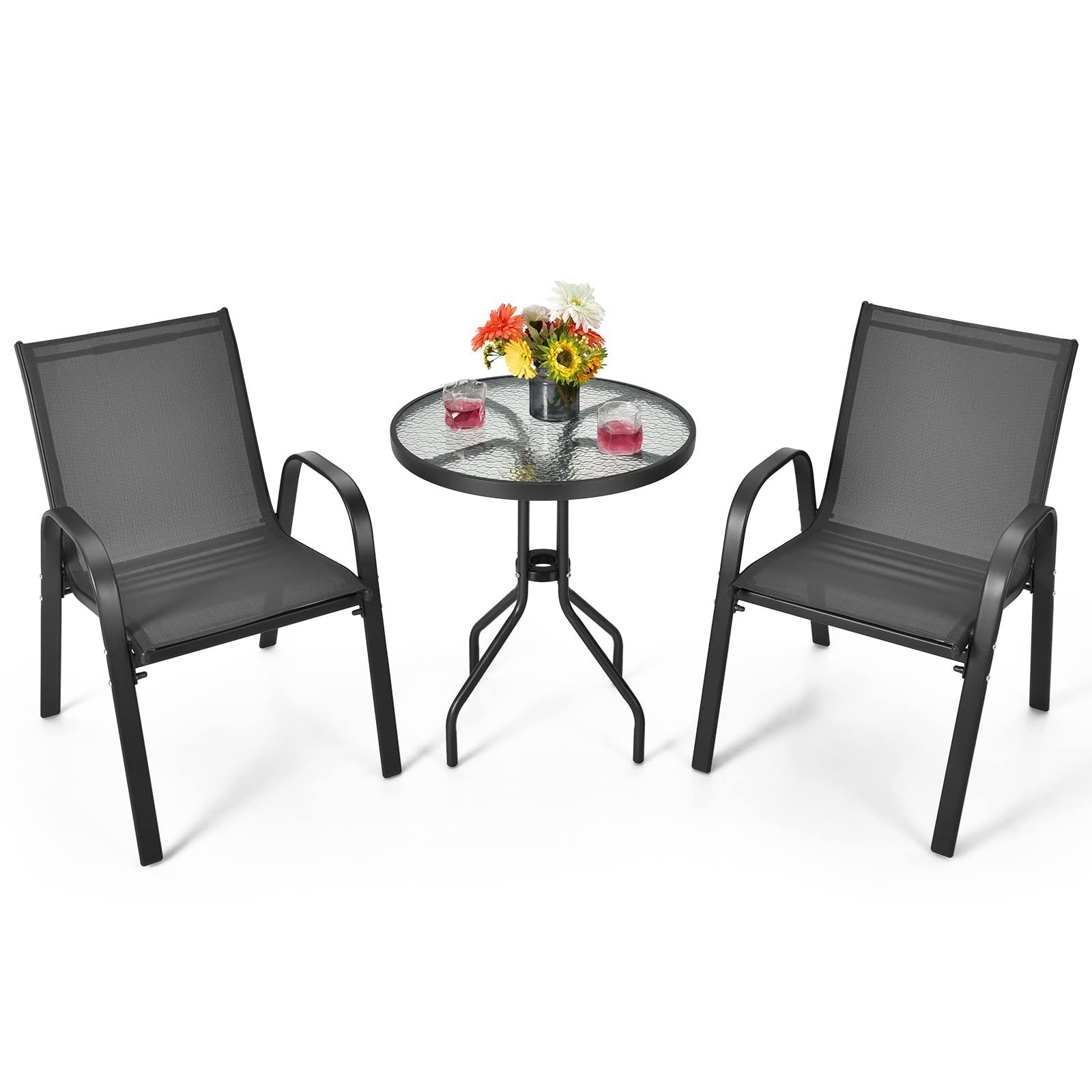 COSTWAY Juego de Muebles Bistró de 3 Piezas, 2 Sillas Textilene y 1 Mesa de Cristal Templado, Set de Conversación para Patio con Tela Transpirable Jardín, Balcón, Terraza, Patio (Negro)