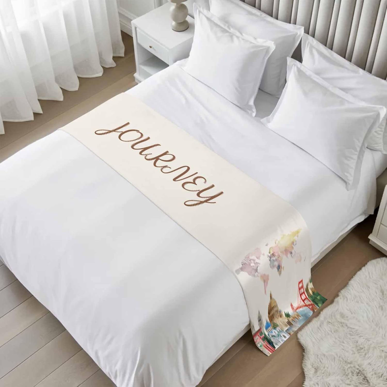 Famous Building Tourism World Map Bed Runner for Queen Size Bed Decorative Satin Bedding Scarf for Foot of Bed, Soft Bed Throw Protector Slipcover for Bedroom Hotel Wedding Room, 83×20 Inch