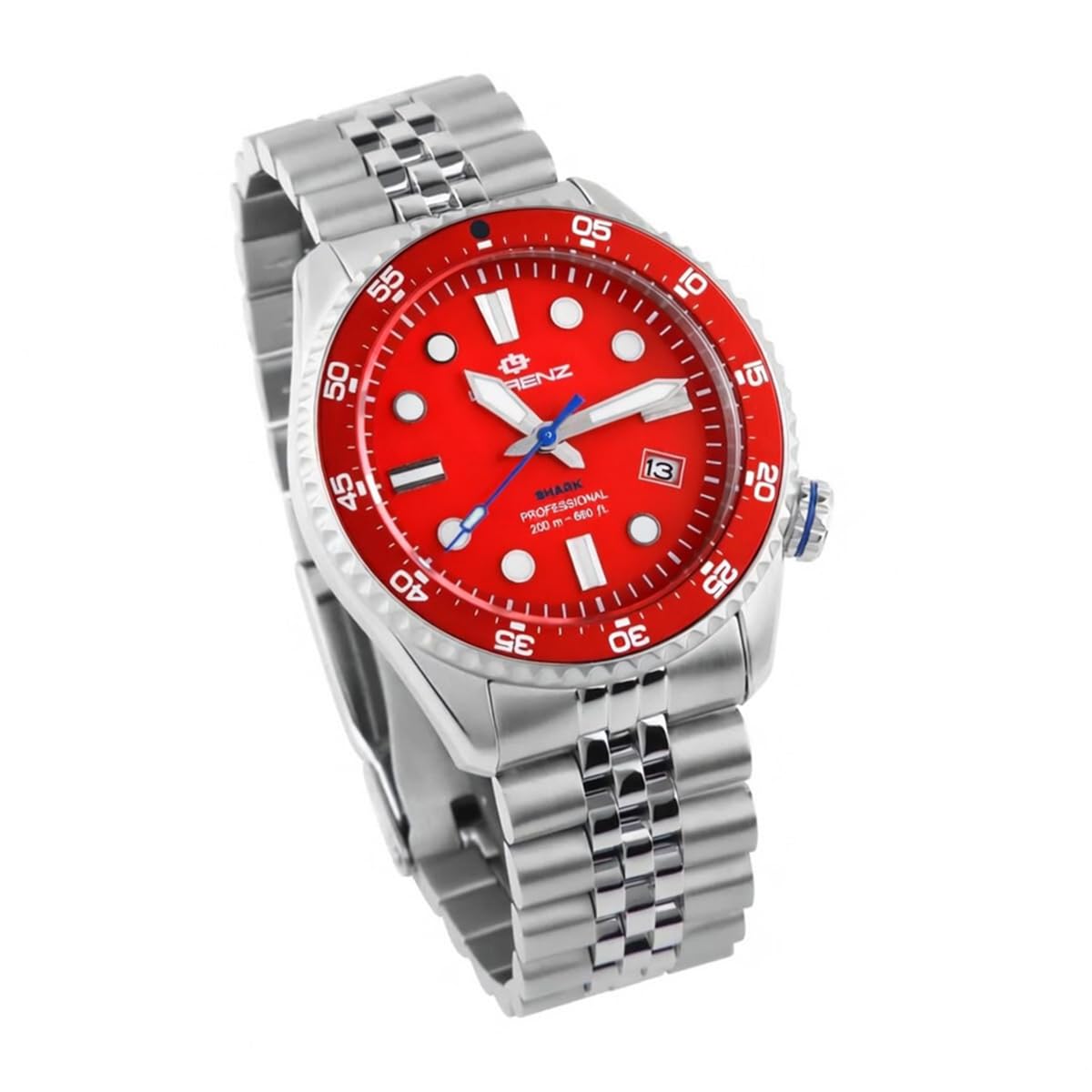 Lorenz Shark V 030255RD - Orologio Sportivo da uomo automatico- Orologio con cinturino in Acciaio Subacqueo Professionale Fino a 200 metri - Box con cinturino in gomma di ricambio
