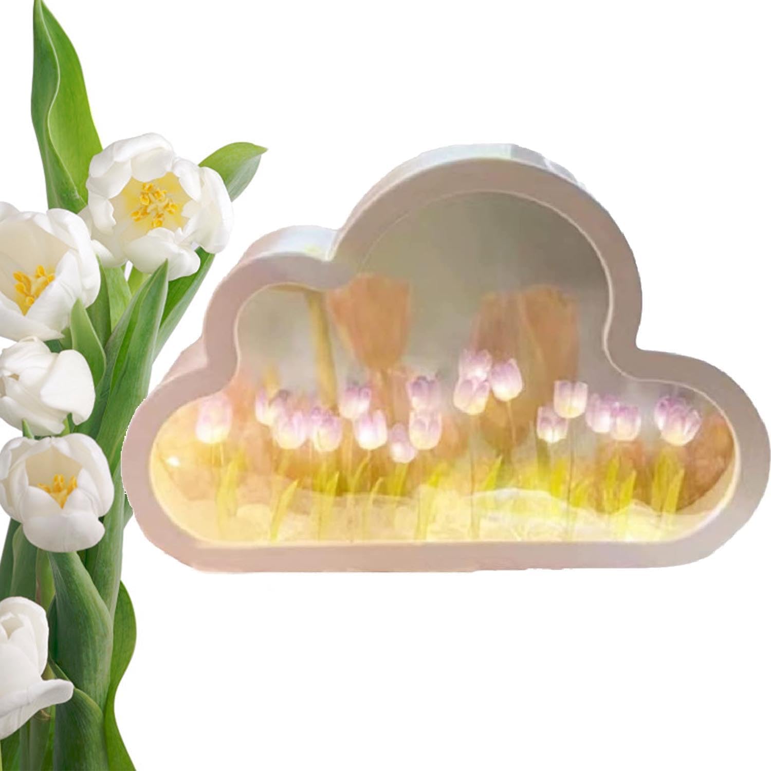 DIY Cloud Tulip Mirror Night Light, Simulation Flower Bedroom Sleeping Table Lamp, Home Mirror Decoration, Room Decor for Teen Girls (C)