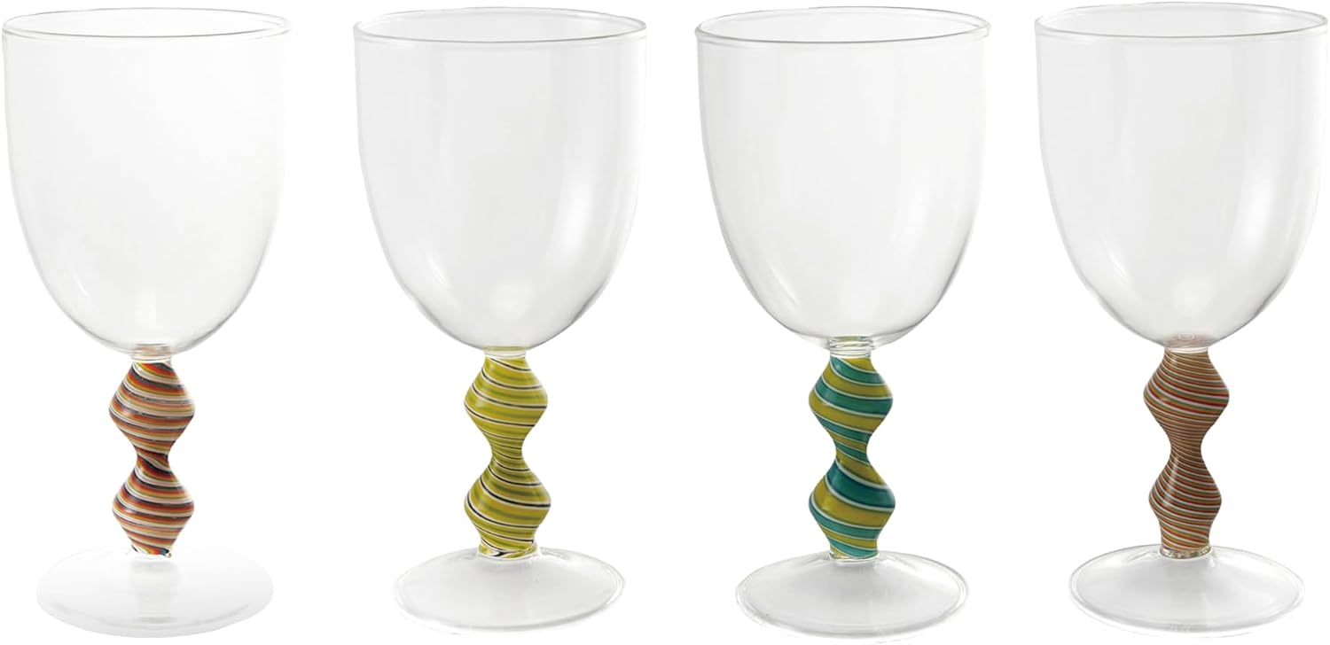 Creative Co-Op 4pcs. Hand-Blown Wine Glasses with Shaped and Striped Stems