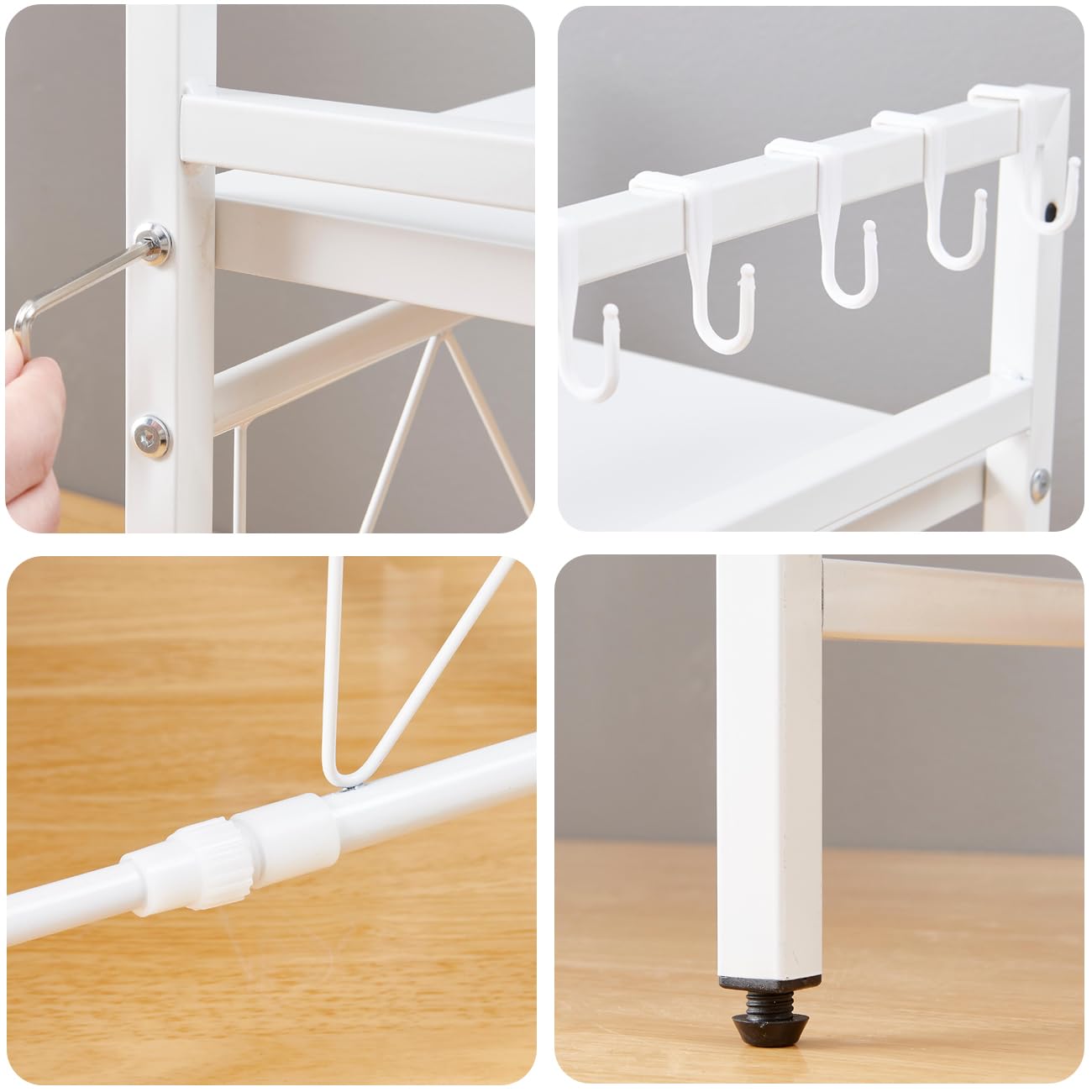 Scaffale allungabile per microonde con 6 ganci, ripiano da bancone per forno a microonde, portaoggetti e organizzazione da cucina, supporto per panettiere per spezie, organizzatore per