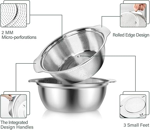 Miniatura 7 de Colador de acero inoxidable 304 con asa, juego de colador microperforado de 3.5 cuartos de galón con tazón para mezclar, sin BPA, ideal para drenar