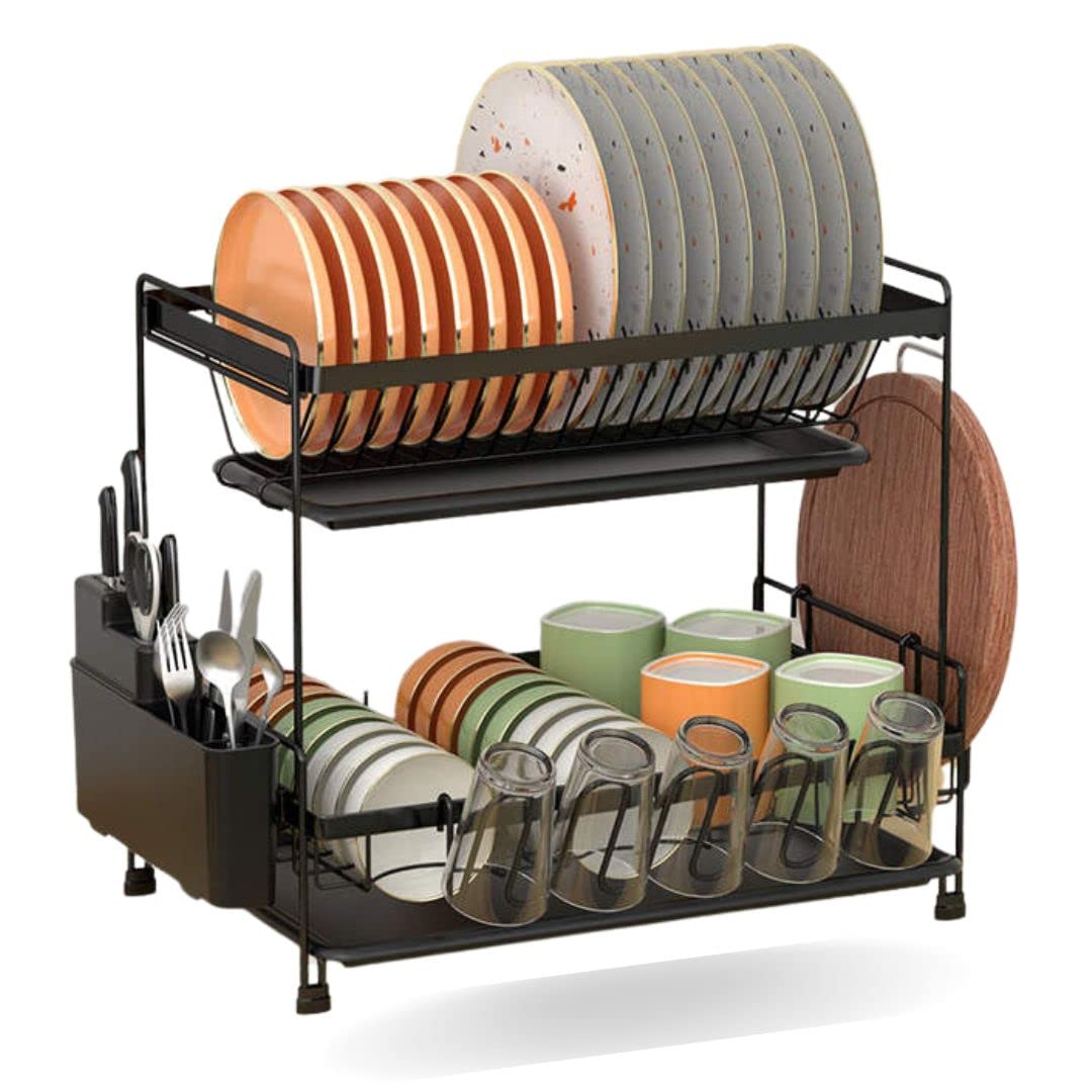 SFIX Dish Drying Stand 2 Tiers With Drainer Large Kitchen Dish Rack with Removable Cutting Board Holder Utensil