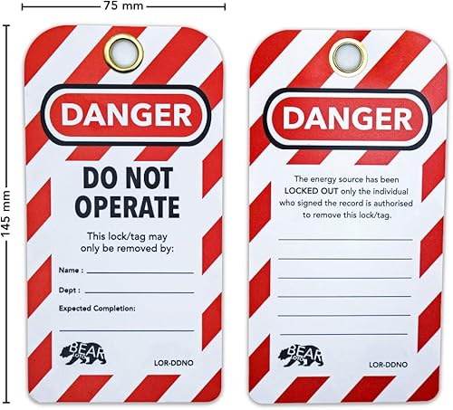 Miniatura 3 de BearLOTO Etiquetas de bloqueo | Laminadas y resistentes a la intemperie | Paquete de 30 etiquetas de peligro rojo "No operar" | Para equipos fuera