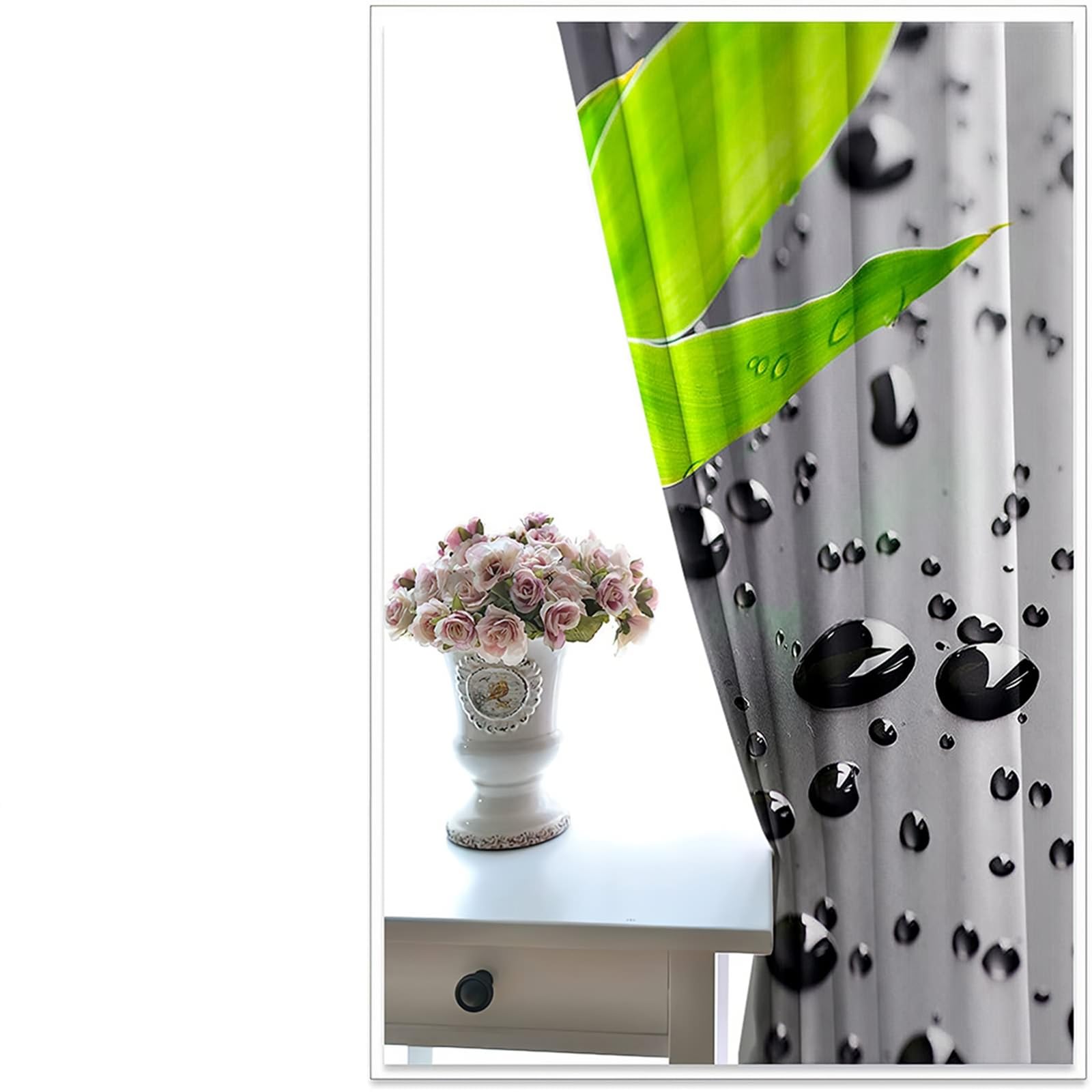 Schlafzimmer Vorhänge Modern, 234x214cm Grün Dunkelgrau Blatt- und Wassertropfenmuster Vorhang für Schlafzimmer/Wohnzimmer