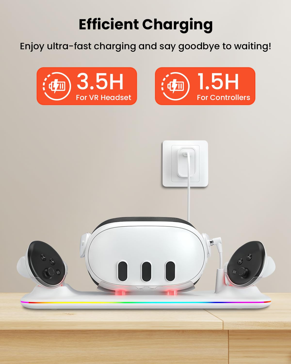 GEEKERA Base de Carga Compatible con Meta Quest 3: Estación de Carga Magnética para Casco y Mandos, con Adaptador de 18 W, 2 Baterías Recargables y Luces RGB, Accesorios VR para Jugadores