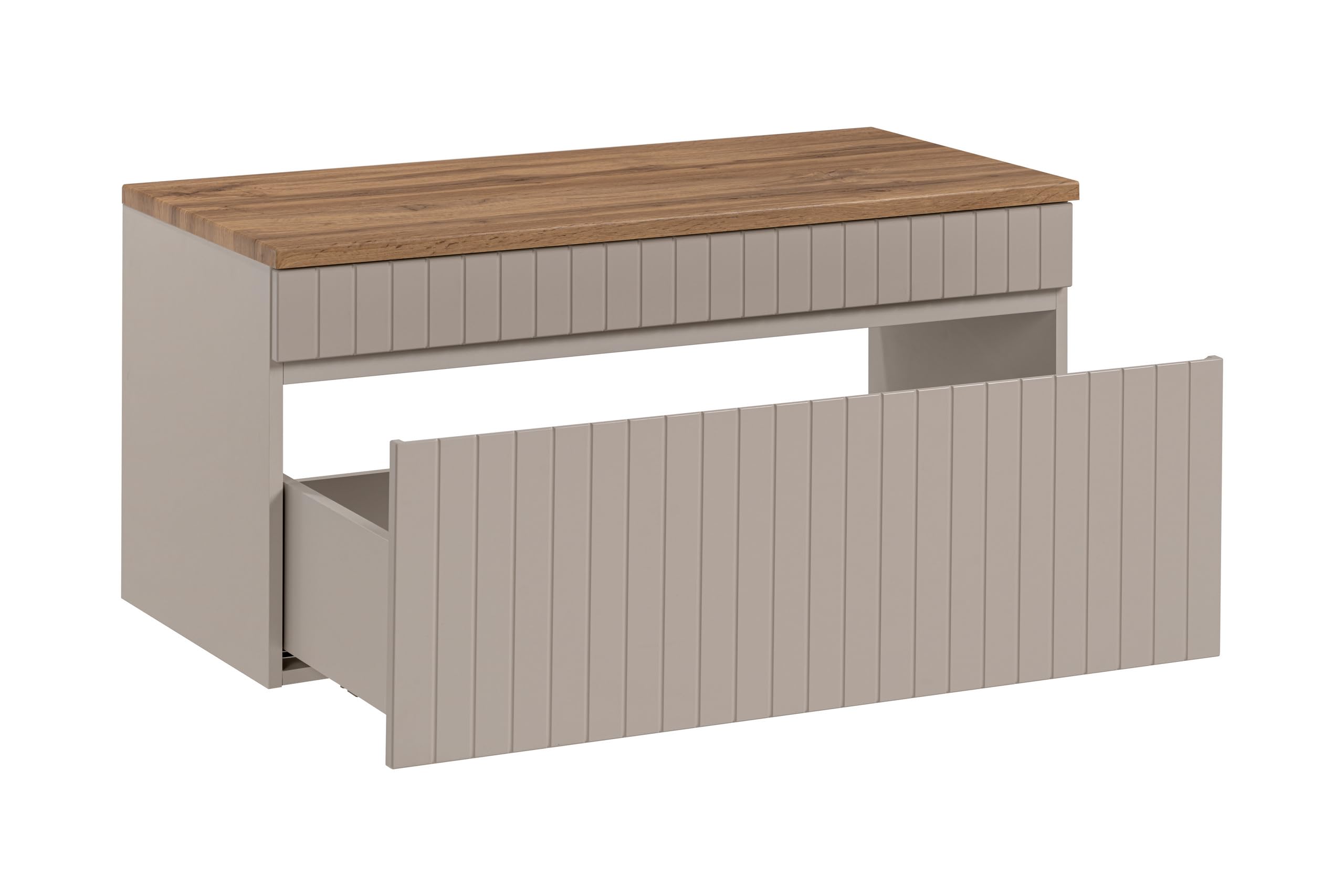 Mueble de Lavabo 100 cm Iconic Cashmere, Mueble de baño Colgante, Mueble de baño con encimera, Puertas acanaladas, Color Cachemir (con encimera Roble)