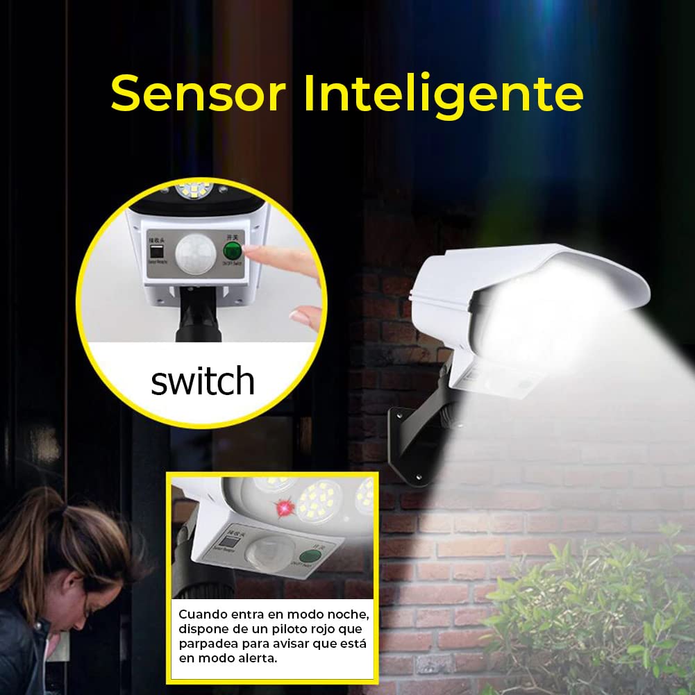 Cámara vigilancia falsa exterior - 80 luces LED - Sensor de Movimiento - Resistente al agua y polvo - Auto Recarga Solar
