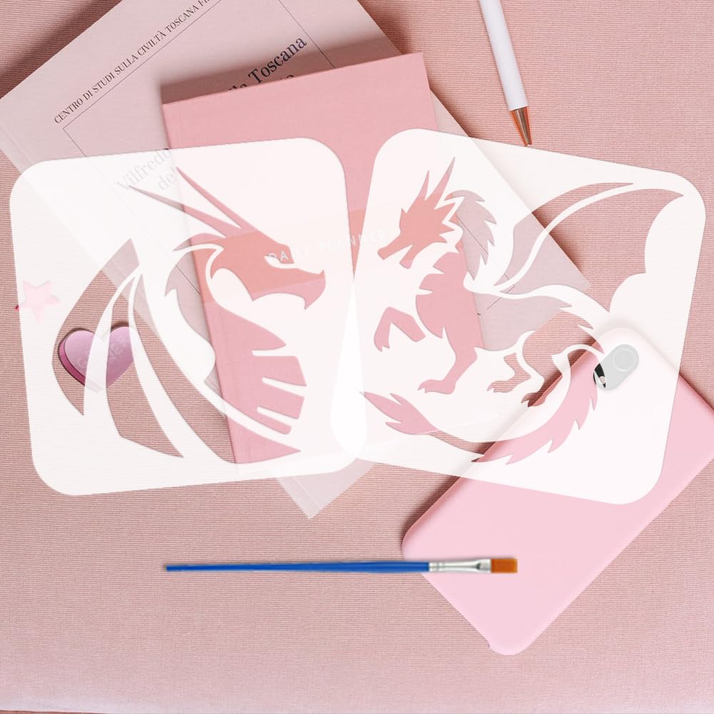 FINGERINSPIRE 9PCS Dragon Painting Stencil 15x15cm Dragon Silhouette Template With Paint Brush Hollowed Dragon With Wings Stencil Reusable Pterosaur Template Fantasy Theme Stencil For DIY Crafts