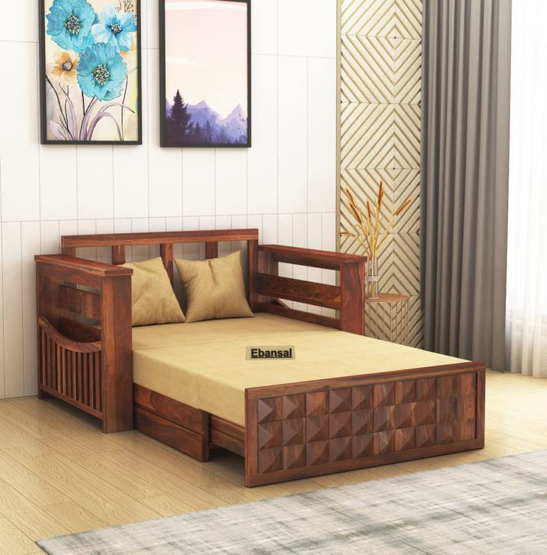 Image of Solid Sheesham Wood 2 Seater Diamond Sofa Cum Bed for Living Room with Storage and Side Pockets Couch Diwan Wooden Bedroom Furniture Two Seater Sofa for Home Hall and Office (Honey Finish)