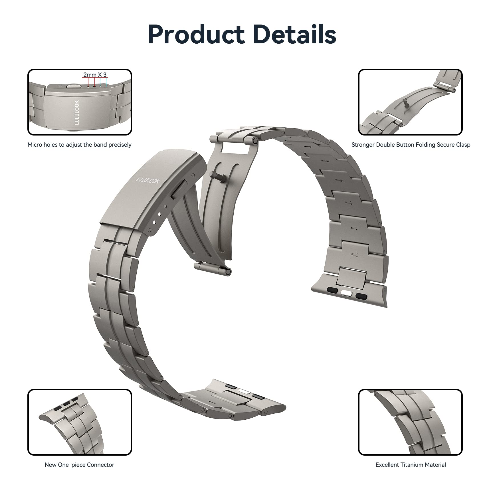 LULULOOK Cinturino Titanio per Apple Watch Ultra 2, in Titanio Grado 2, Chiusura Pieghevole, Leggero e Anti-Rash, Estetico, Piacevole da Indossare, Cinturino per Apple Watch Ultra (Titanio, 49mm)