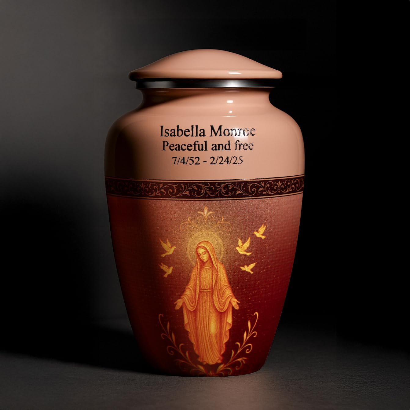 Virgin Mary Cremation Urn for Human Ashes – Pink Catholic Memorial Tribute with Name & Dates, Personalized Religious Keepsake, Made in USA (Large)
