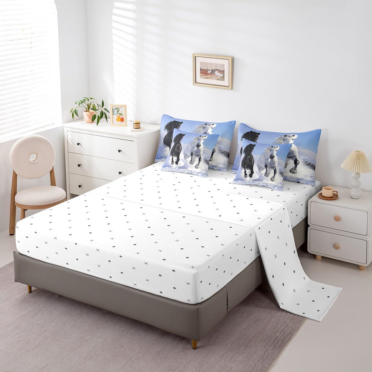 Feelyou Horse Print Comforter Set 7 Pieces Queen Size for Girls Boys Galloping Horse Bed in A Bag Decorative Wild Animal Themed Duvet Cover Wildlife Style Bed Set with Sheets