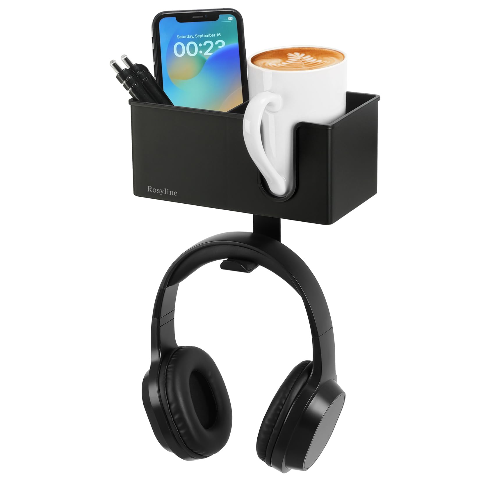 ROSYLINE Soporte para taza de escritorio, soporte para bolígrafos, soporte para auriculares, gancho giratorio (negro)