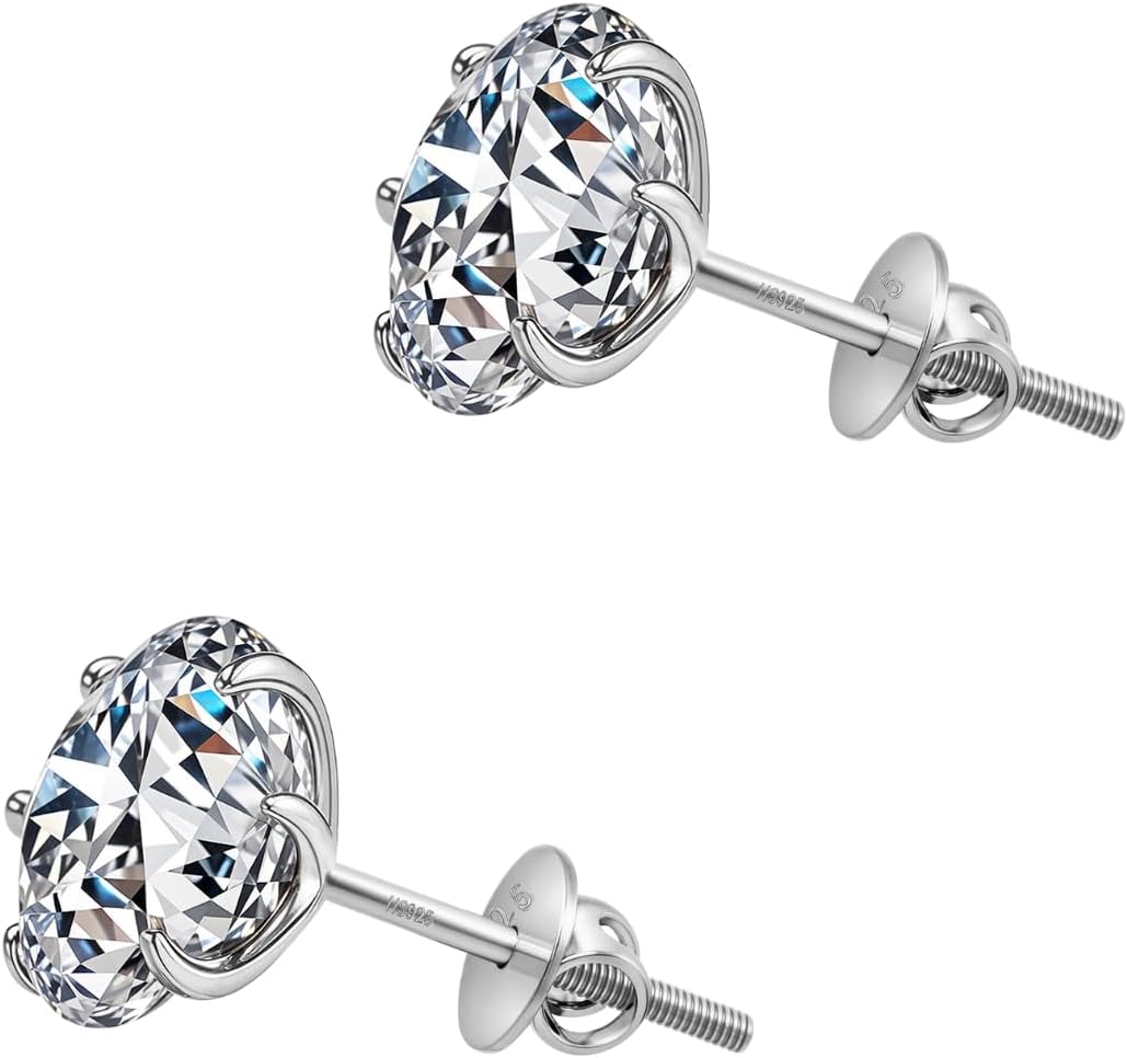 HIGHSPARK 925 Silver Solitaire Screwback Stud Earrings | 92.5 Sterling Silver & Round Brilliant Cubic Zirconia Tops for Men Women