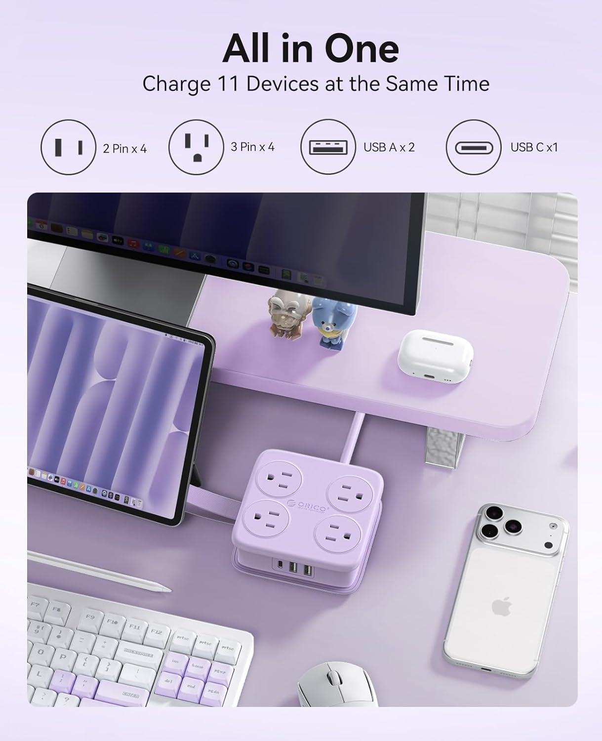 5 Ft Extension Cord with 3 USB Ports, ORICO Power Strip for Desktop, 4 Side Outlet Extender & Flat Plug, 11 in 1 Charging Station for Home/Office/Dorm - AP3 PRO