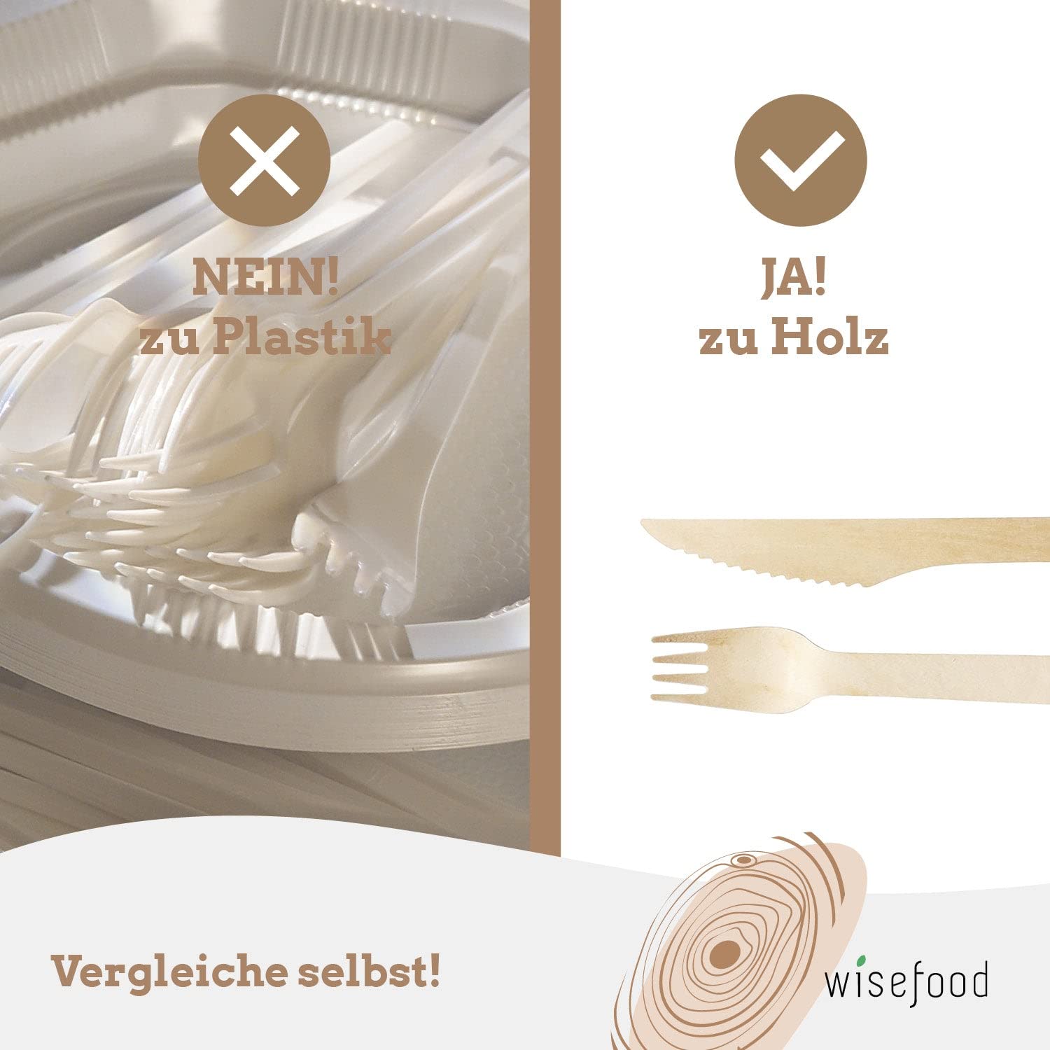 Wisefood Set di posate monouso in legno di betulla – 200 Sest – 10 forchette in legno, 10 coltelli in legno 16,5 cm – 20 posate monouso 16 cm – posate da festa biodegradabili in legno